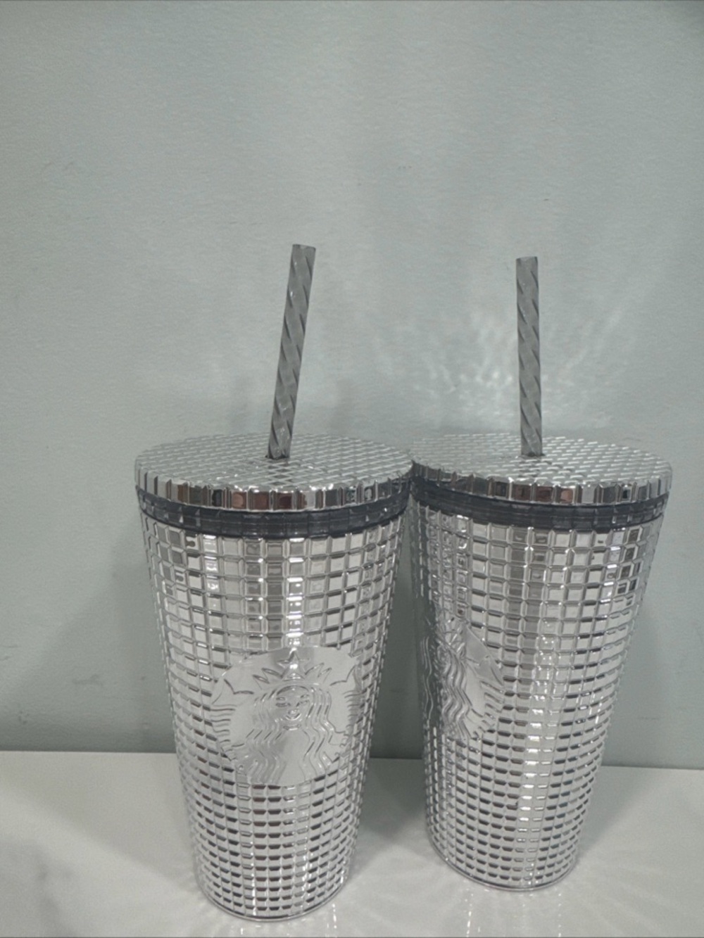 Starbucks Metallic Silver Studded Tumbler Pair with Straws 16 ounces